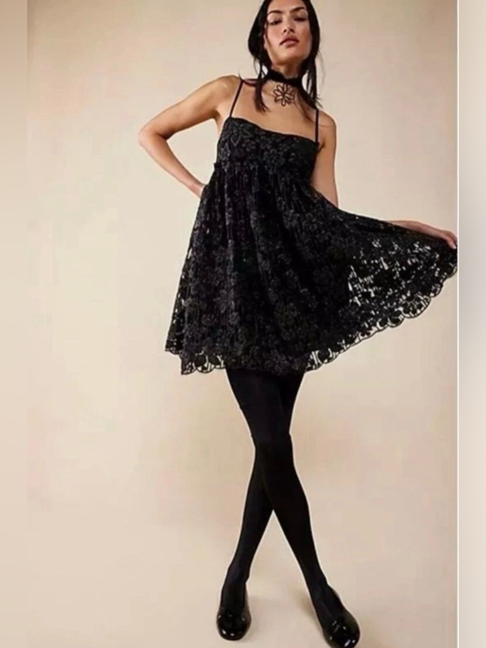 Free People Black Lace Babydoll Mini Dress NWT S Sheer Glitter Open Back